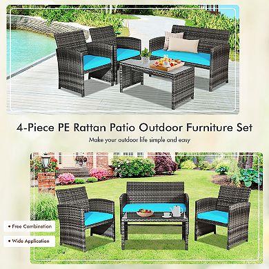 4 Piece Patio Furniture Set with Cushions and Glass Coffee Table