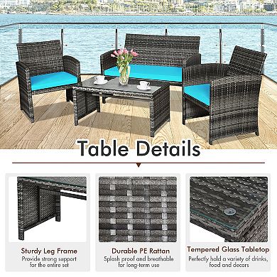 4 Piece Patio Furniture Set with Cushions and Glass Coffee Table