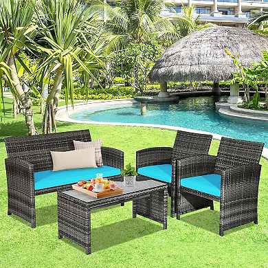 4 Piece Patio Furniture Set with Cushions and Glass Coffee Table