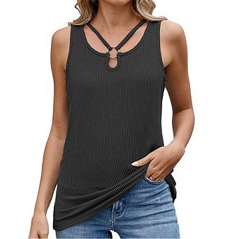 Women's Ribbed Sleeveless Tank Top Cutout Neck Relaxed-Fit Office Cami Blouses