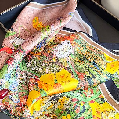 Premium Satin Floral Scarf Lightweight Square Neck Scarf for Women Accessory