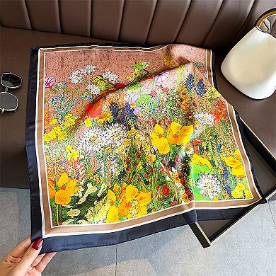 Premium Satin Floral Scarf Lightweight Square Neck Scarf for Women Accessory