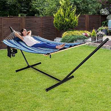 Hammock with Steel Stand, Cotton Ropes, Mat, Pillow, and Storage Holder