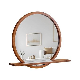 24″ Round Solid Wood Wall Mirror with Shelf