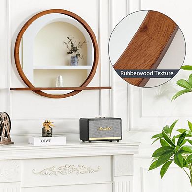 24″ Round Solid Wood Wall Mirror with Shelf