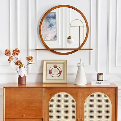 24″ Round Solid Wood Wall Mirror with Shelf