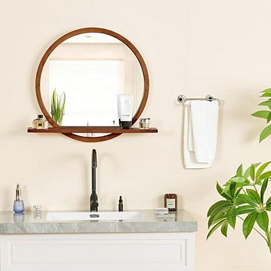 24″ Round Solid Wood Wall Mirror with Shelf