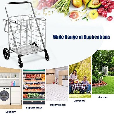 Heavy Duty Folding Utility Shopping Double Cart-Silver