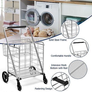 Heavy Duty Folding Utility Shopping Double Cart-Silver
