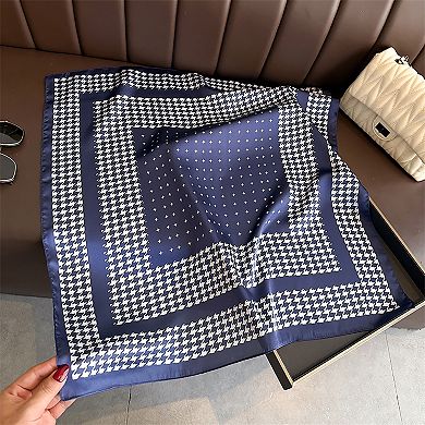 Women Satin Square Scarf with Houndstooth Print Fashion Accessory