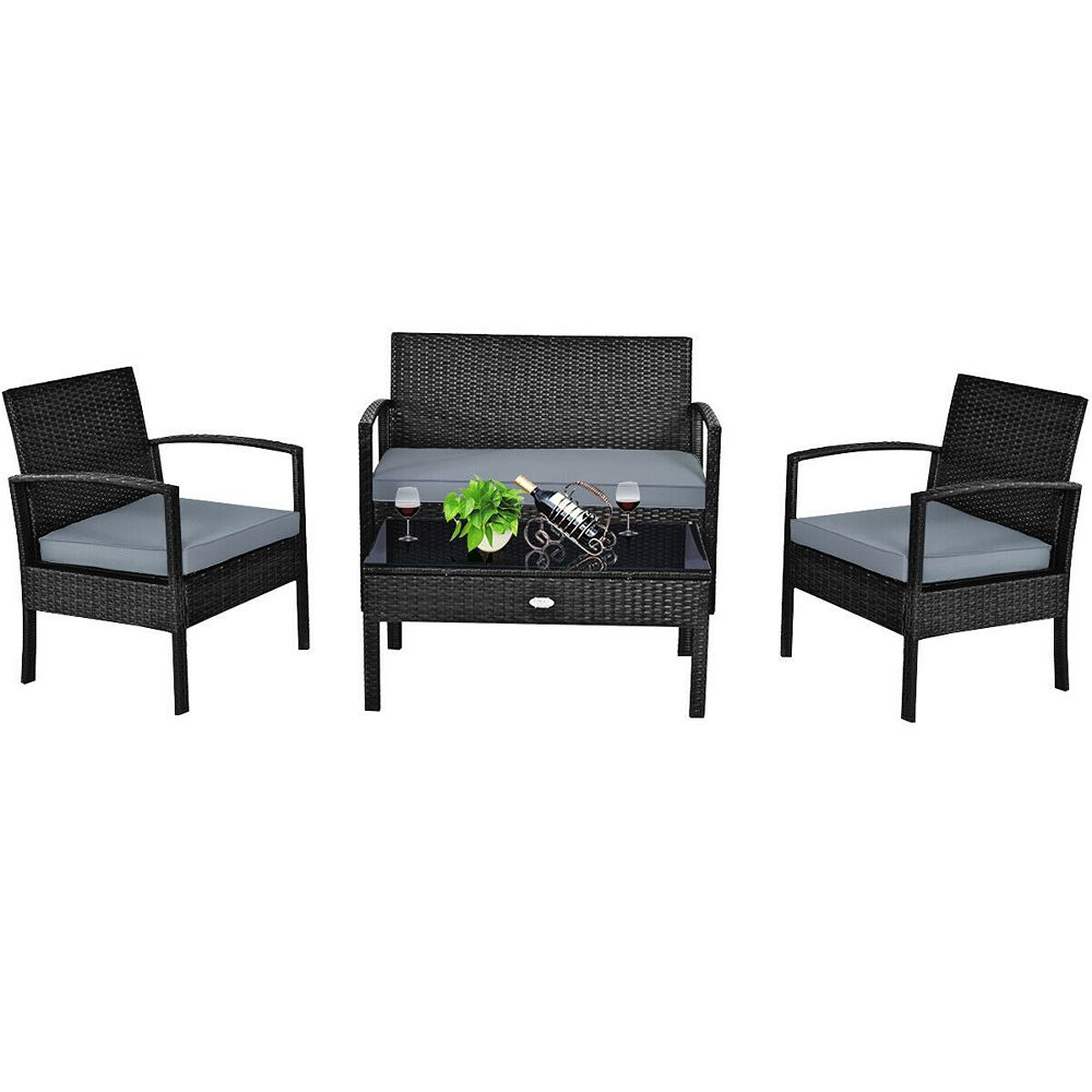 4 Piece Patio Furniture Set Outdoor Rattan Conversation Set With Cushions