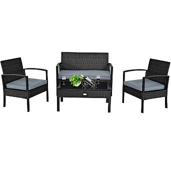 4 pc Patio Rattan Cushioned Furniture Set-Gray