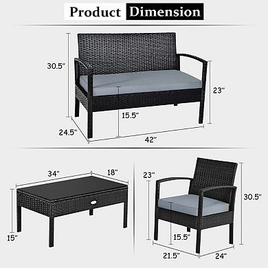 4 Pieces Patio Rattan Cushioned Furniture Set-Gray