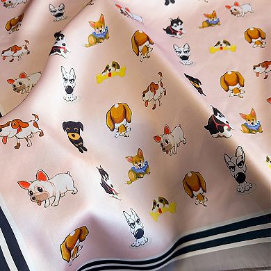 Women Satin Square Scarf with Dog Print Border Design Lightweight Accessory