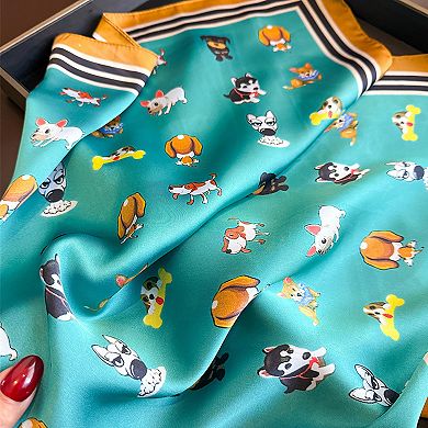 Women Satin Square Scarf with Dog Print Border Design Lightweight Accessory