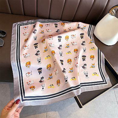 Women Satin Square Scarf with Dog Print Border Design Lightweight Accessory