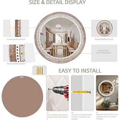 24″ Round Wooden Beaded Wall Mirror