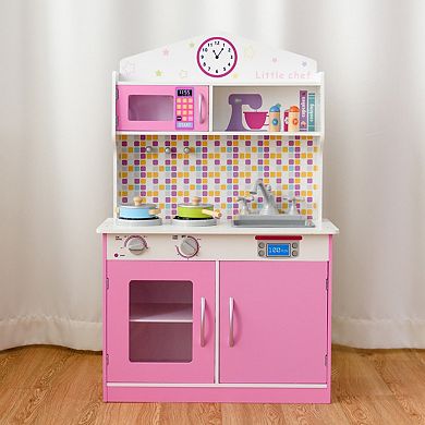 Wooden Play Kitchen Set for Kids with Oven Sink Stove and Microwave