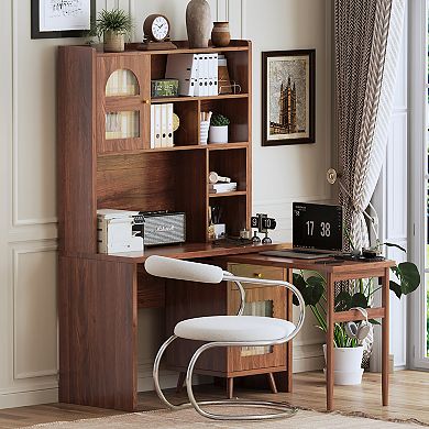 Whisen Computer Desk, with 90 Degree Rotating Desktop, Shelves, Storage Drawer and Cabinets