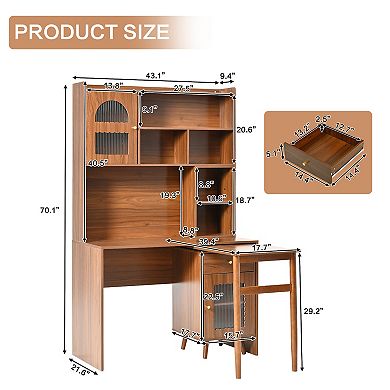 Whisen Computer Desk, with 90 Degree Rotating Desktop, Shelves, Storage Drawer and Cabinets