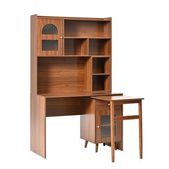 Whisen Computer Desk, with 90 Degree Rotating Desktop, Shelves, Storage Drawer and Cabinets