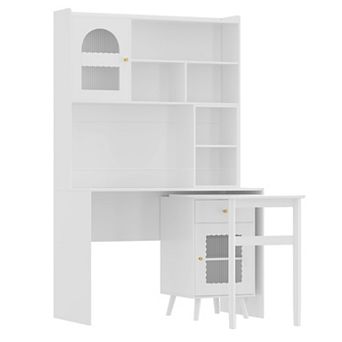 Whisen Computer Desk, with 90 Degree Rotating Desktop, Shelves, Storage Drawer and Cabinets