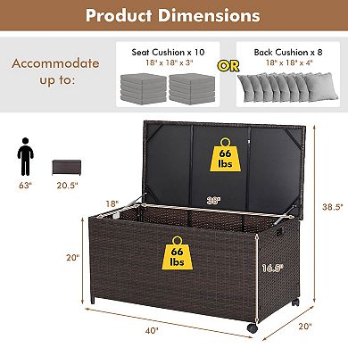 Outdoor Rattan Storage Box with Wheels, Liner, and Pneumatic Lid Support