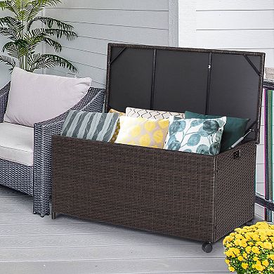 Outdoor Rattan Storage Box with Wheels, Liner, and Pneumatic Lid Support