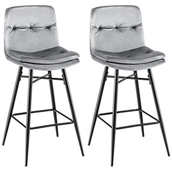 2 pc 29 Inch Velvet Bar Stools Set with Tufted Back and Footrests-Gray