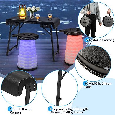 3 Pieces Folding Camping Table Stool Set with 2 Retractable LED Stools-Black