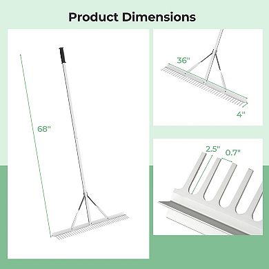 Aluminum Rake with 36 Inch Wide Rake Head and 68 Inch Long Handle