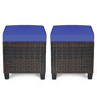 2 pc Patio Rattan Ottoman Set with Removable Cushions-Navy