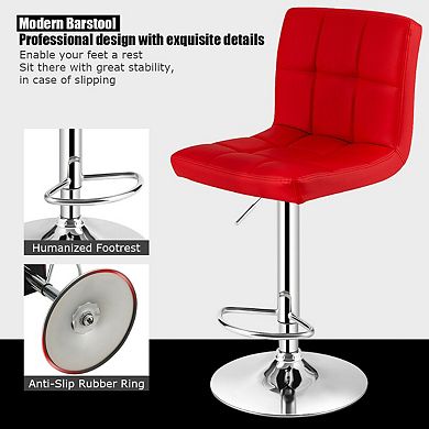 Set of 2 Square Swivel Adjustable PU Leather Bar Stools with Back and Footrest-Red