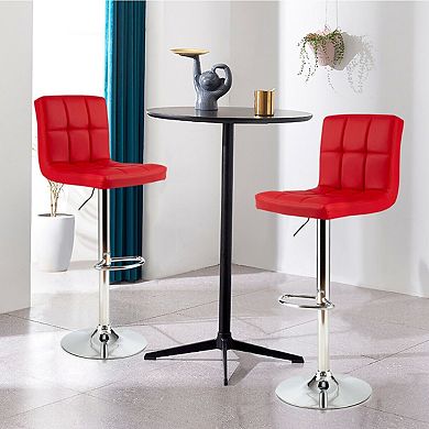 Set of 2 Square Swivel Adjustable PU Leather Bar Stools with Back and Footrest-Red