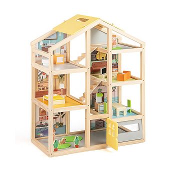 Wooden Dollhouse for Kids Modern Family Pretend Playhouse with Furniture Pieces and Figures