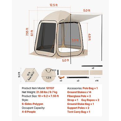 10'x9.2' Pop-Up Screen House Tent with Extended Awning for 4-8 Person