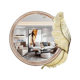 32″ Round Wooden Wall Mirror with Leaf Décor