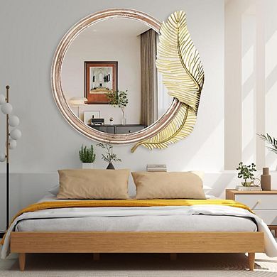 32″ Round Wooden Wall Mirror with Leaf Décor