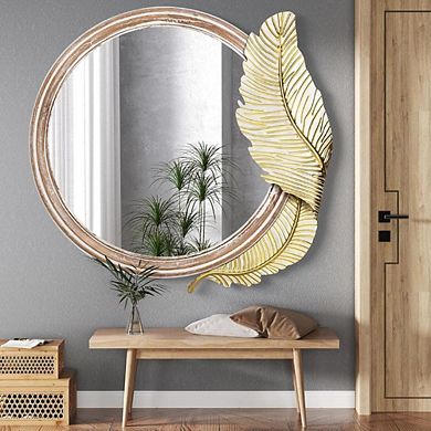 32″ Round Wooden Wall Mirror with Leaf Décor