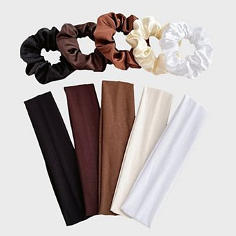 Women's 10 pc Hair Accessories Set with Satin Scrunchies and Soft Stretch Headbands