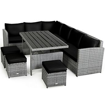 7 pc Patio Rattan Dining Furniture Sectional Sofa Set with Wicker Ottoman-Black