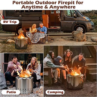 Smokeless Stainless Steel Fire Pit with Ash Pan for Yard Camping-Silver
