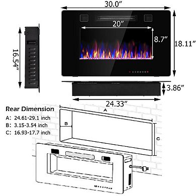 30 Inch Recessed Electric Fireplace Heater With Ultra Thin Design
