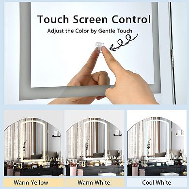 Vanity Table Stool Set with Large Tri-folding Lighted Mirror-Black