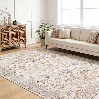 Vintage Floral Low Pile Rug Machine Washable Soft Carpet for Living Room Kitchen Bedroom