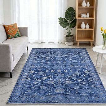 Vintage Floral Low Pile Rug Machine Washable Soft Carpet for Living Room Kitchen Bedroom