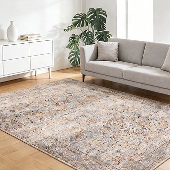 Vintage Floral Low Pile Rug Machine Washable Soft Carpet for Living Room Kitchen Bedroom