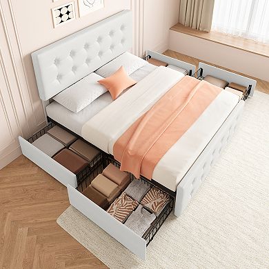 Noise-Free Bed Frame,4 Storage Drawers,Adjustable Headboard, Easy Assembly & No Box Spring Required