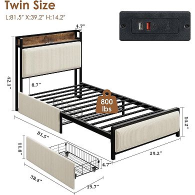 Twin Size Bed Frame with Storage Drawers Charging Station - Rustic Velvet Upholstered Platform Bed