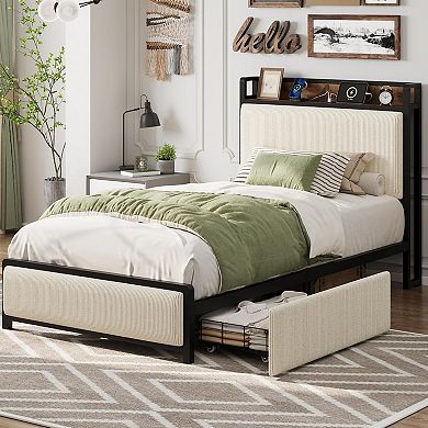 Twin Size Bed Frame with Storage Drawers Charging Station - Rustic Velvet Upholstered Platform Bed